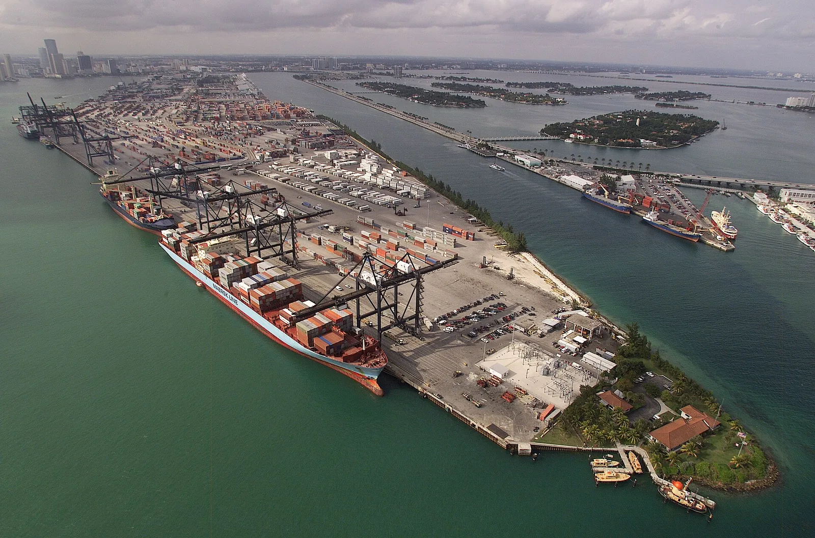 Aerial view of a container port and cargo terminals